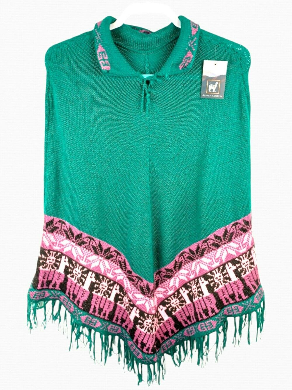 Peruvian Alpaca Poncho Wool Knit Llama Campana Peruvian Hand Made green Size M